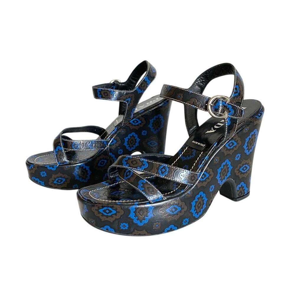 Prada Blue Embossed Floral Leather Platform Sandals 38.5 Italy